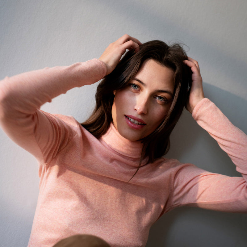 Women's Cotton Turtleneck Top - Pink Coral Melange