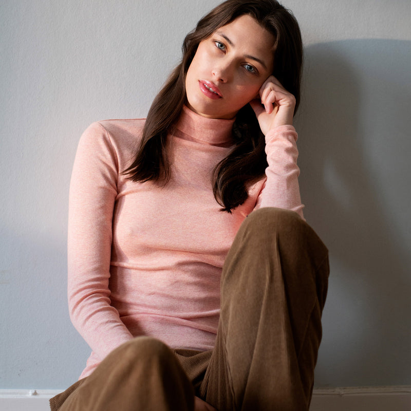 Women's Cotton Turtleneck Top - Pink Coral Melange