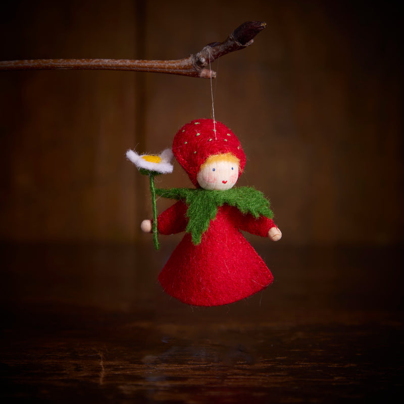 Handmade Small Wool Hanging Fairy - Strawberry Boy - White