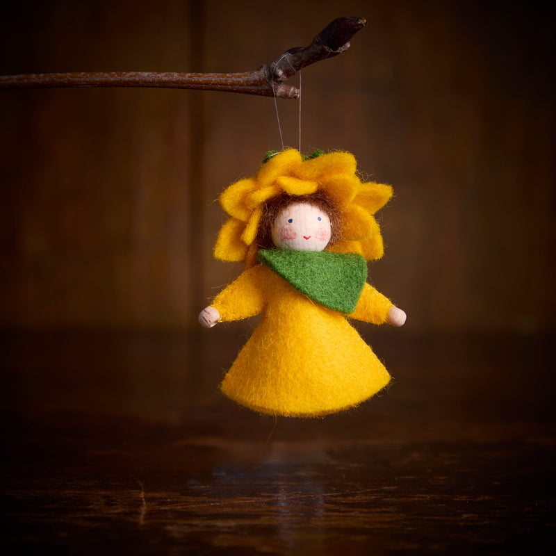 Handmade Small Wool Hanging Fairy - Sunflower Lady - White