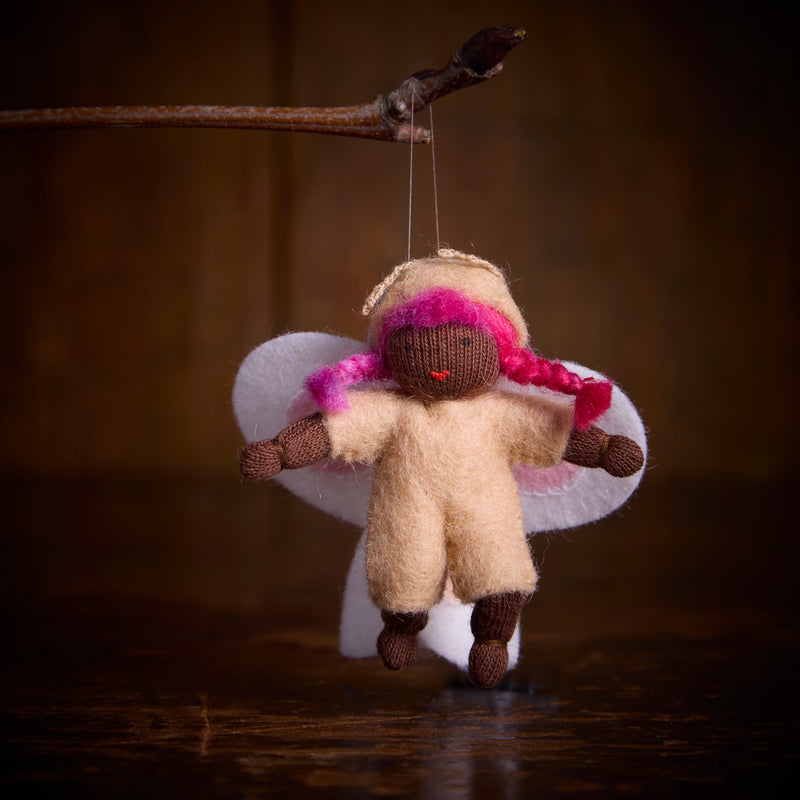 Handmade Small Wool Hanging Fairy - White Butterfly - Black