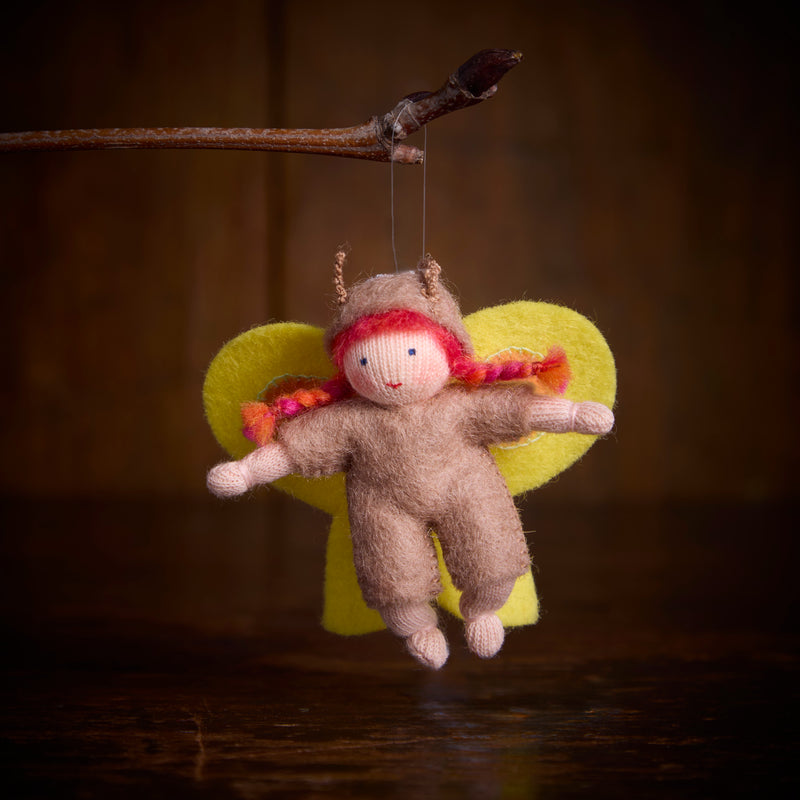 Handmade Small Wool Hanging Fairy - Yellow Butterfly - White