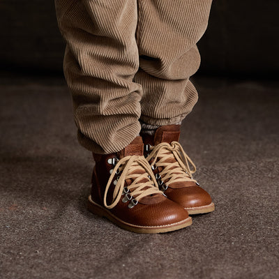 Kids Wool Lined Waterproof Lace Up Boots w/ Zip - Cognac