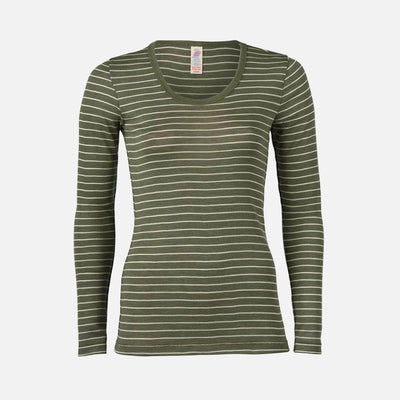 Womens Merino Wool & Silk LS Top - Olive Stripe