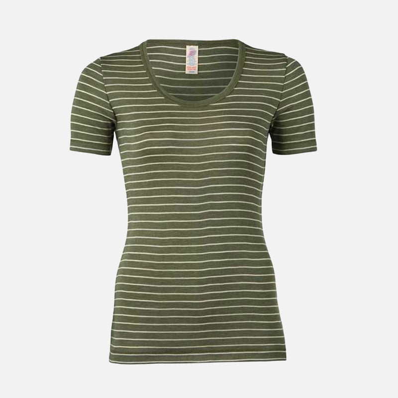 Womens Merino Wool & Silk SS Top - Olive Stripe