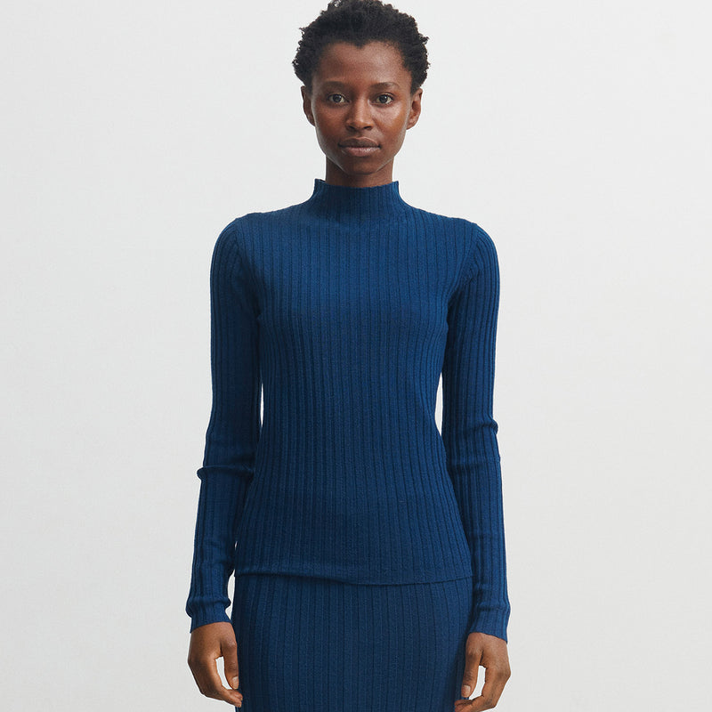 Womens Merino Wool High Neck Rib Top - Pond Blue