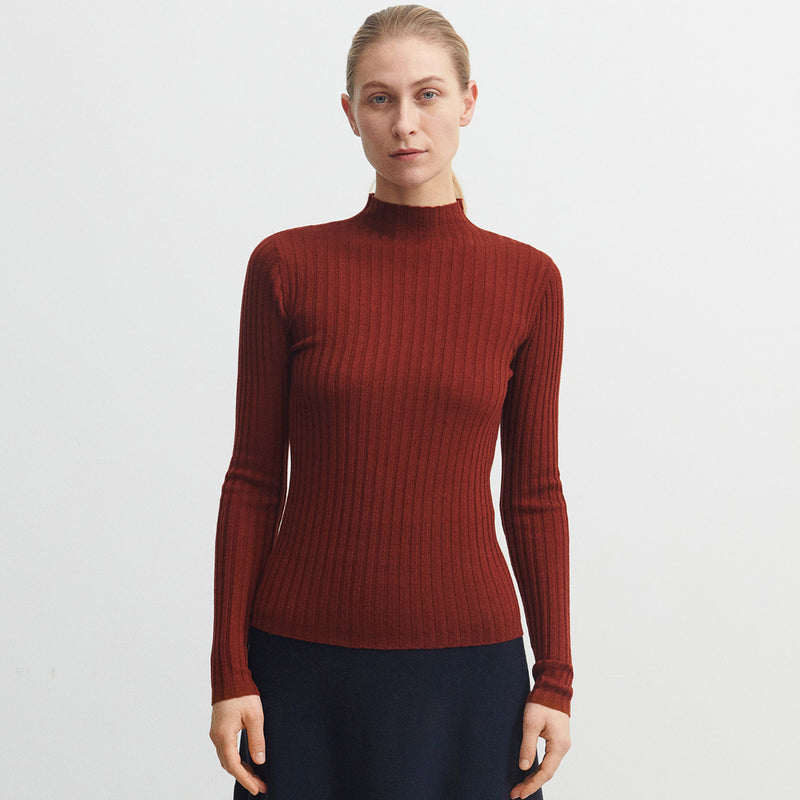 Womens Merino Wool High Neck Rib Top - Clay