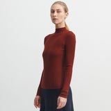 Womens Merino Wool High Neck Rib Top - Clay