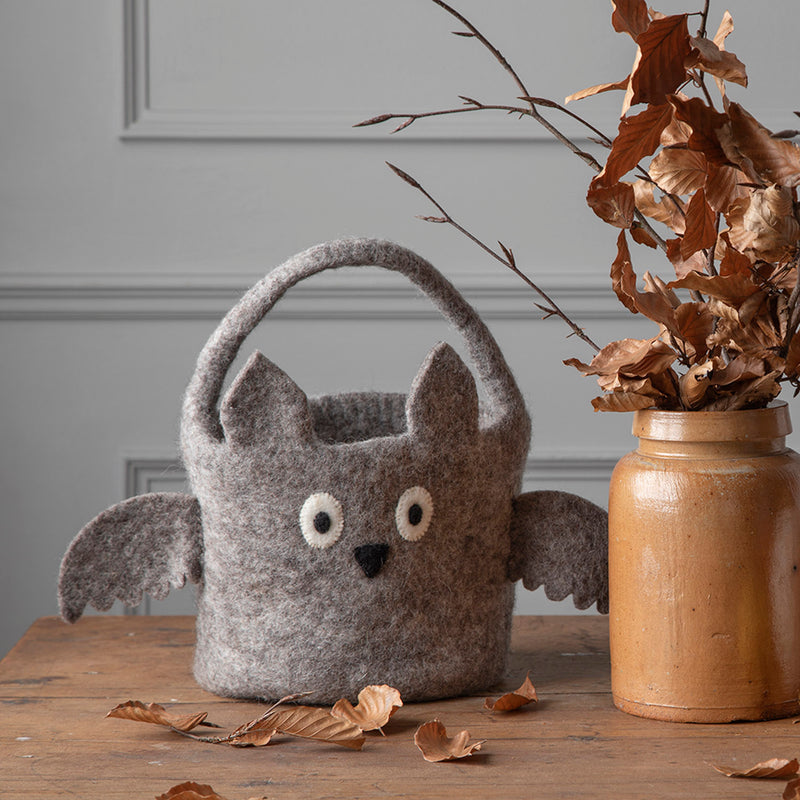 Handmade Felted Wool Bat Basket - Grey