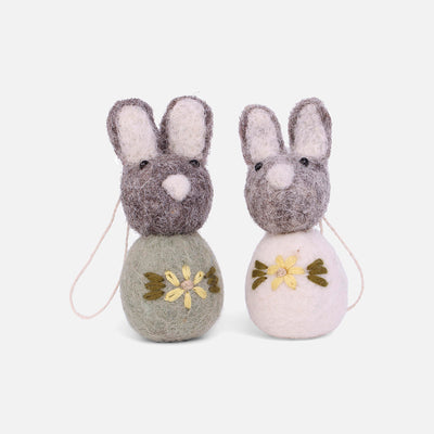 Handmade Felted Wool Bunny Decorations - Set of 2 - Grey