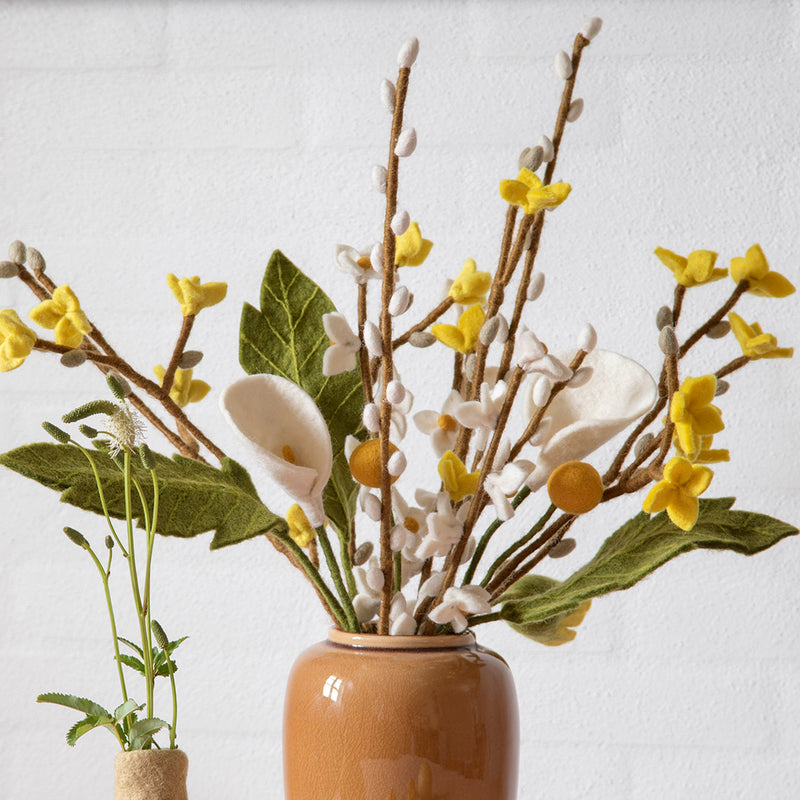 Handmade Felted Wool Flowers on Stalk - White