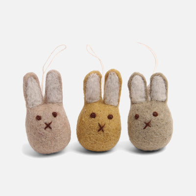 Handmade Felted Wool Mini Bunny Decorations - Set of 3 - Clay