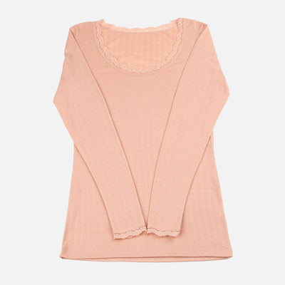 Womens Wool/Silk LS Lace Top - Soft Rose