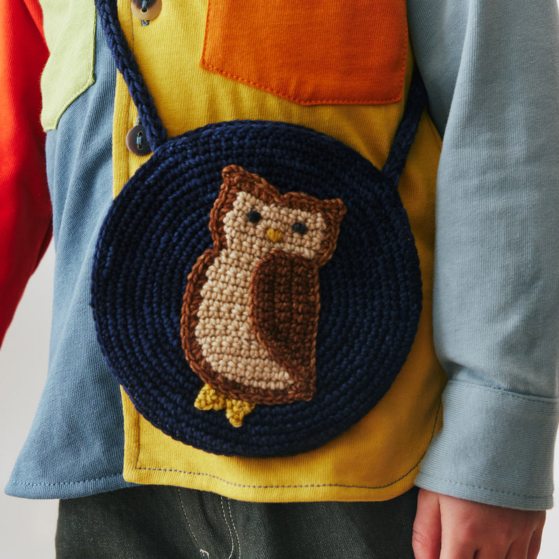 Hand Crochet Merino Wool Meadow Owl Circle Bag - Ink