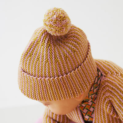 Hand Knit Merino Wool Strata Garter Hat - Citron