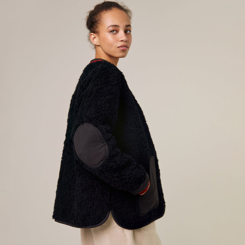 Womens Wool Shearling Arc Coat - Black