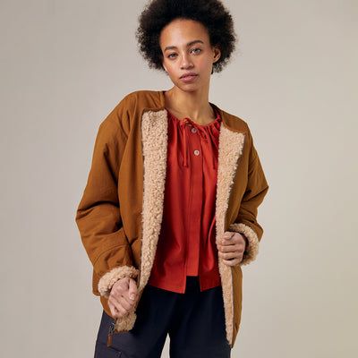 Womens Wool Shearling Arc Coat - Natural