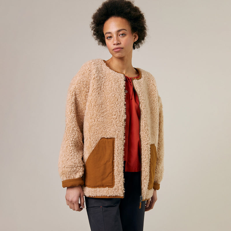 Womens Wool Shearling Arc Coat - Natural