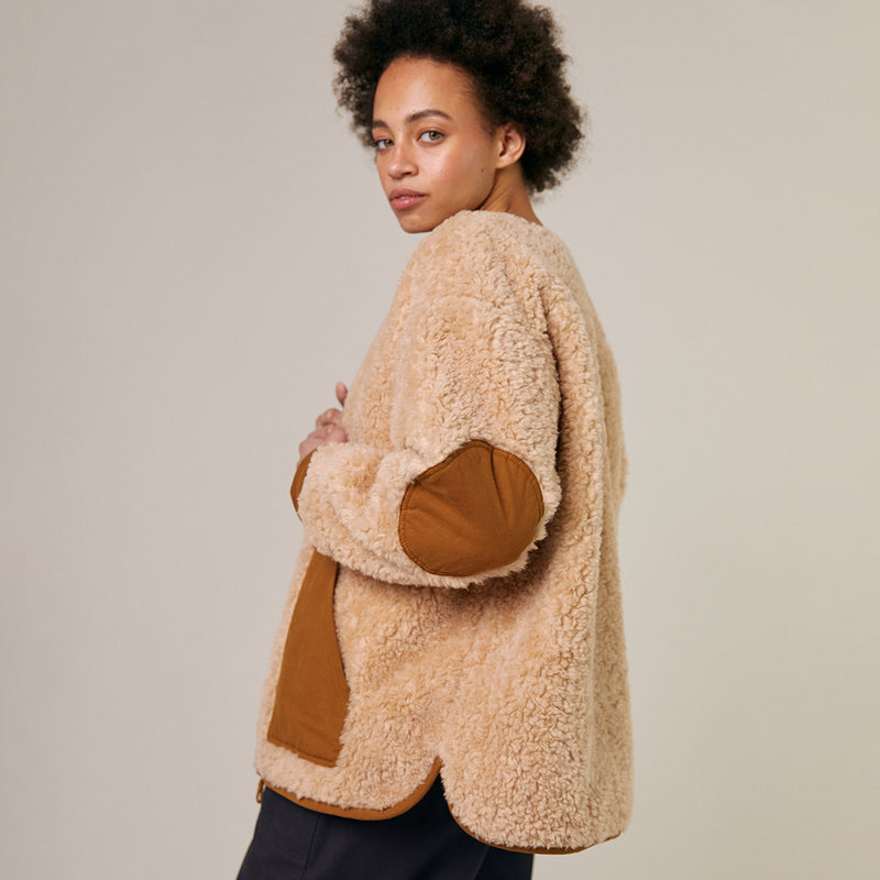 Womens Wool Shearling Arc Coat - Natural