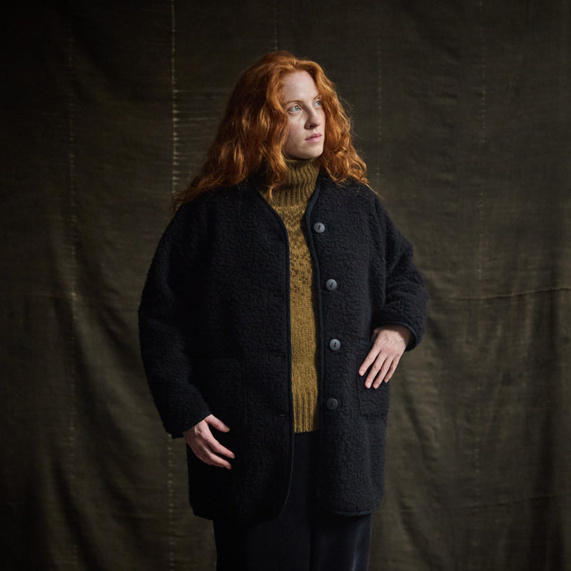 Sika Women's Coat - Wool Teddy Fleece - Coal