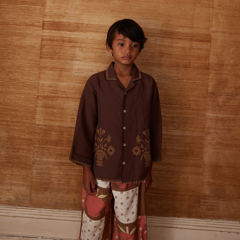 Kids Linen LS Donny Shirt - Dark Chocolate