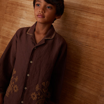 Kids Linen LS Donny Shirt - Dark Chocolate