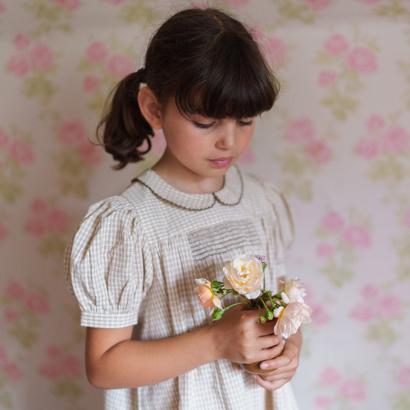 Kids Cotton Sally Dress - Straw Check