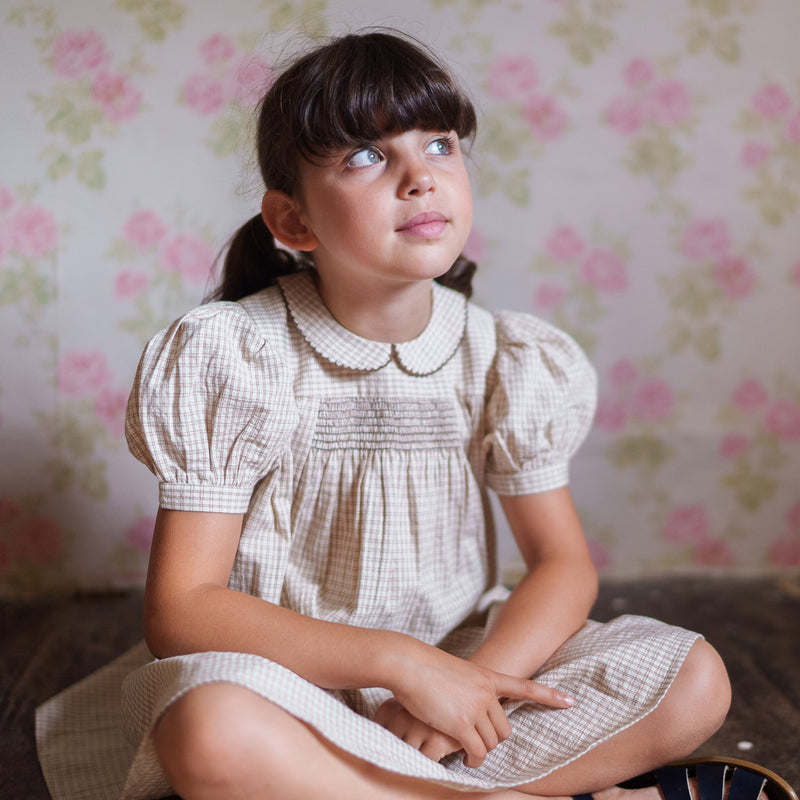 Kids Cotton Sally Dress - Straw Check
