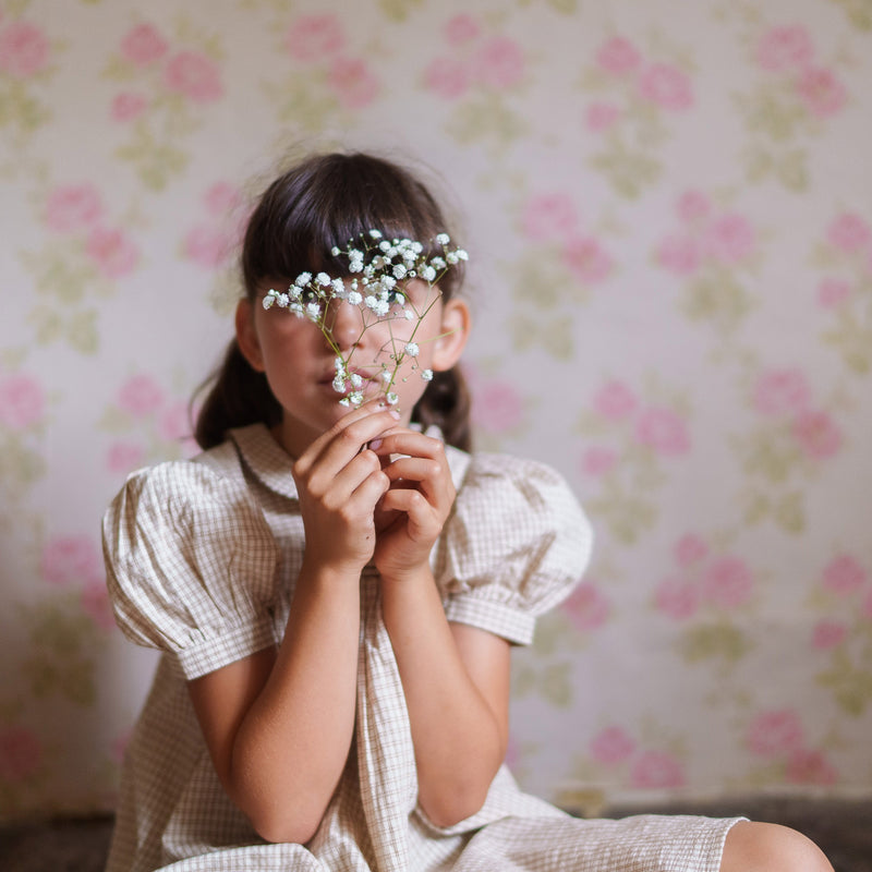 Kids Cotton Sally Dress - Straw Check