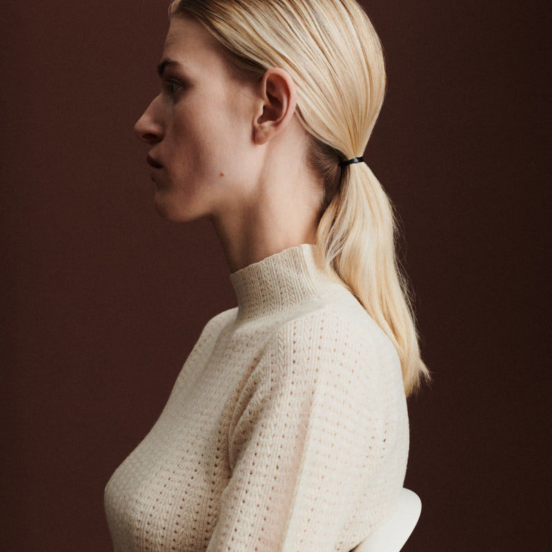 Women's Merino Wool High Neck Pointelle Top - Ecru