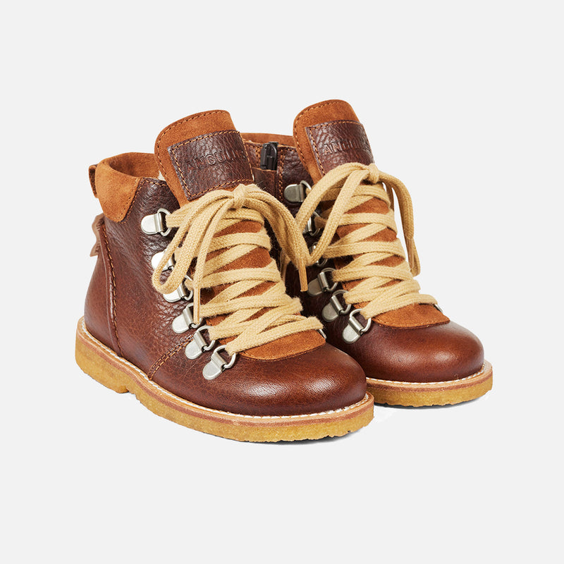 Kids Wool Lined Waterproof Lace Up Boots w/ Zip - Cognac