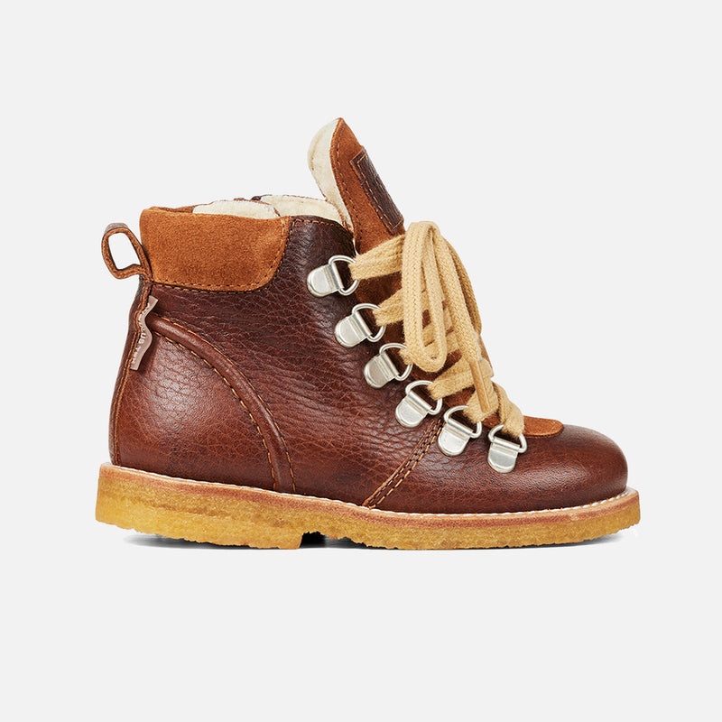 Kids Wool Lined Waterproof Lace Up Boots w/ Zip - Cognac