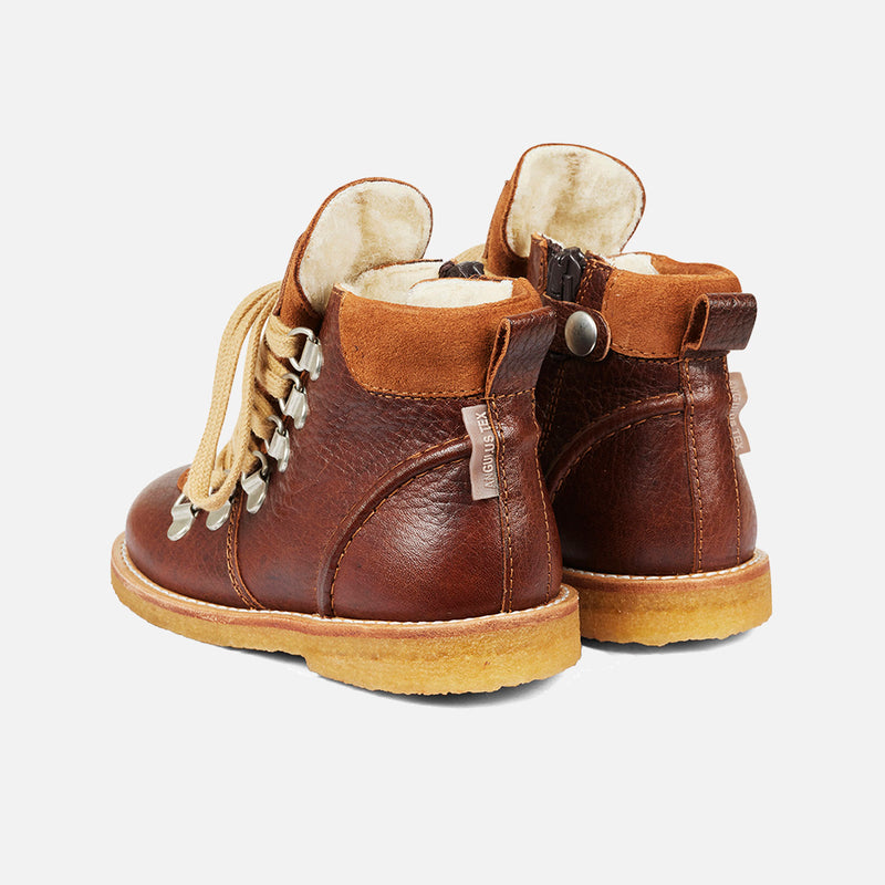 Kids Wool Lined Waterproof Lace Up Boots w/ Zip - Cognac