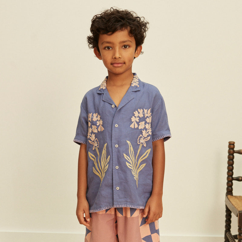 Kids Linen Donny Embroidered Shirt - Azul