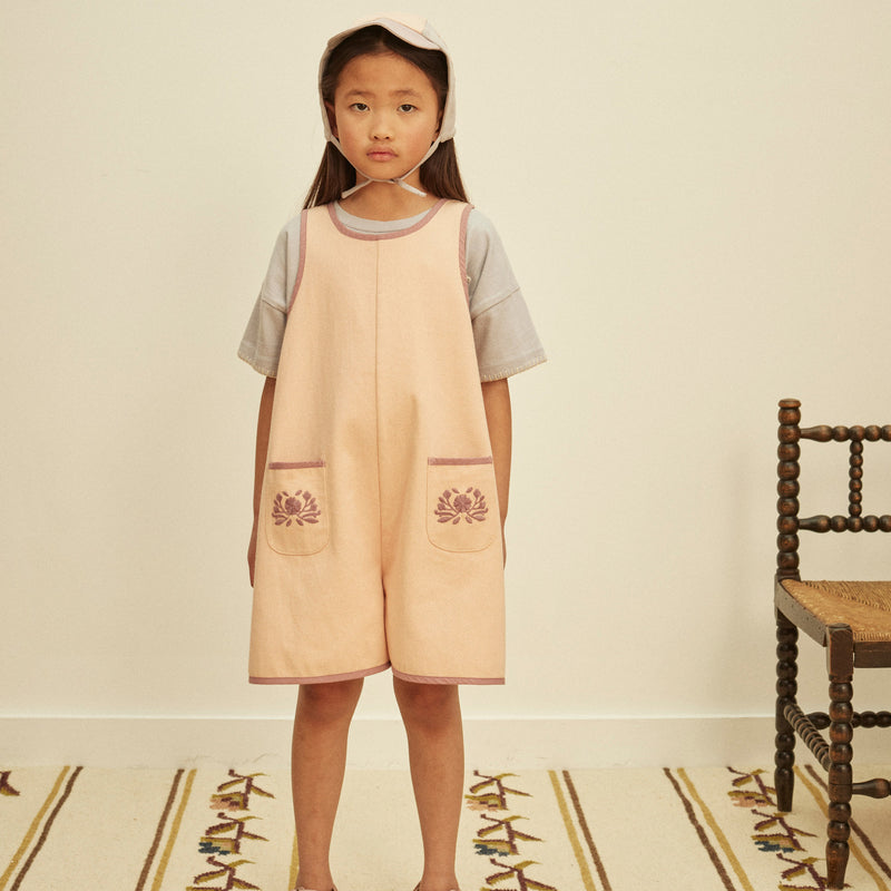 Kids Cotton Denim Vada Apron Playsuit - Satin Pink