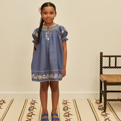 Kids Cotton Verna Smock Dress - Azul