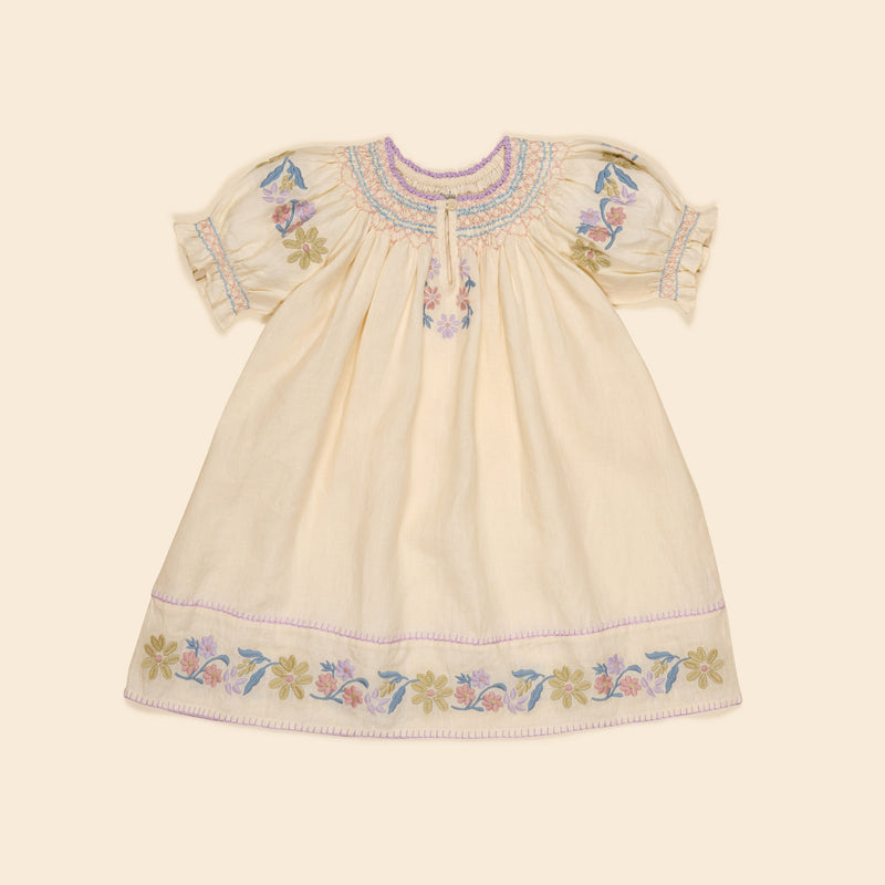 Kids Linen Verna Smock Dress - Cream
