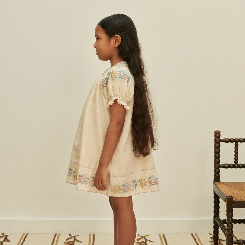 Kids Linen Verna Smock Dress - Cream