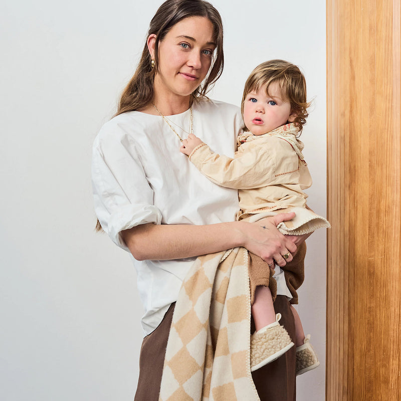 Merino Wool Chequerboard Blanket - Camel