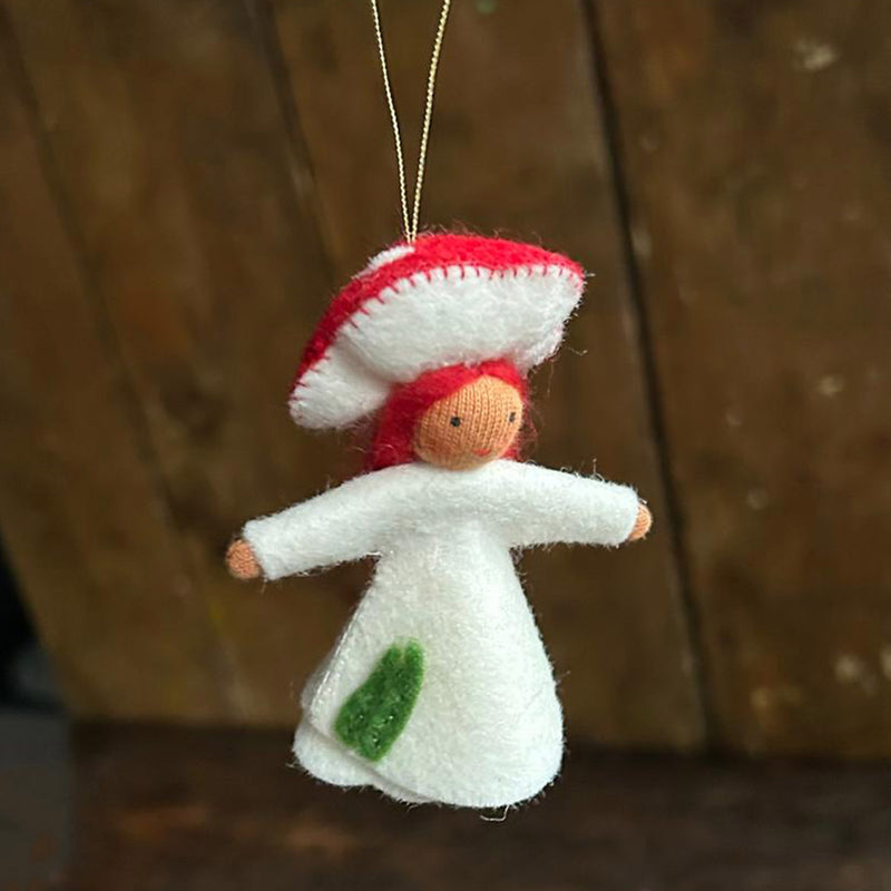Handmade Small Wool Hanging Fairy - Red Fungus - Brown