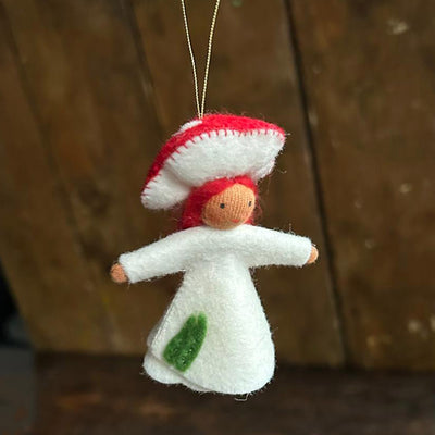 Handmade Small Wool Hanging Fairy - Red Fungus - Brown