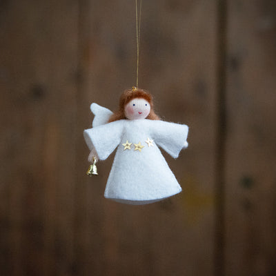 Handmade Wool Hanging Fairy - Angel with Bell - White