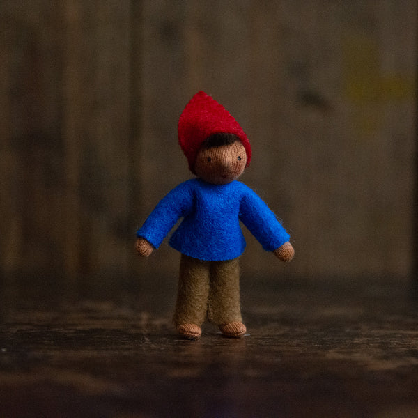 Handmade Wool Elf Child with Red Hat - Brown