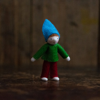 Handmade Wool Elf Child with Blue Hat - White