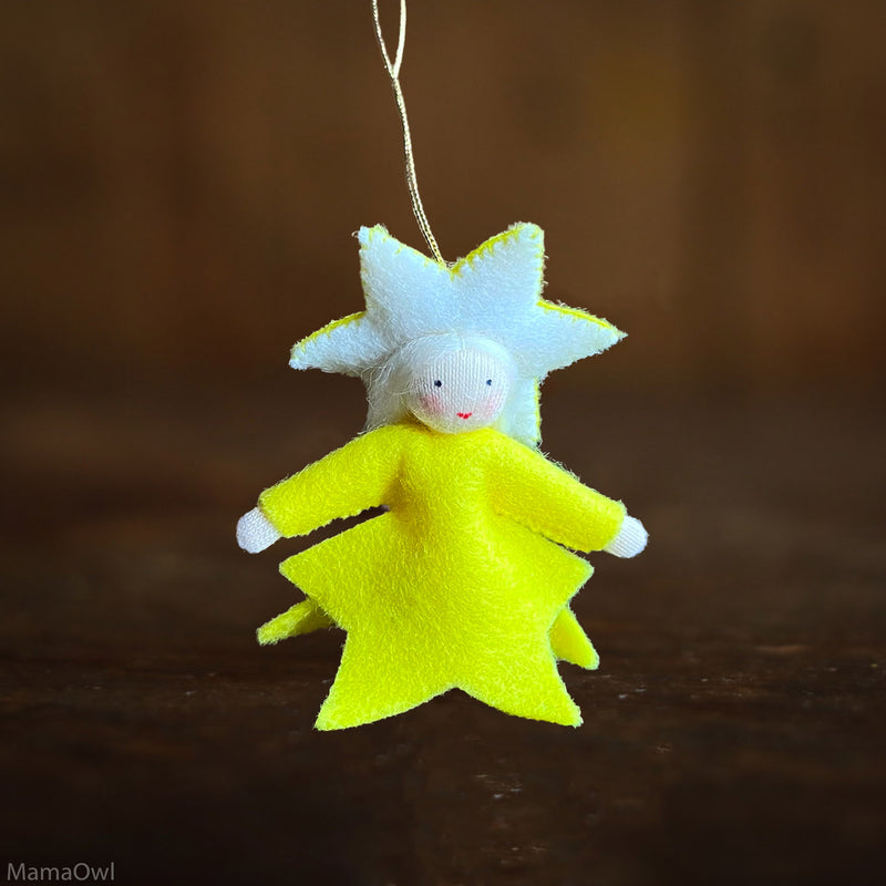 Handmade Wool Hanging Fairy - Yellow Star - White