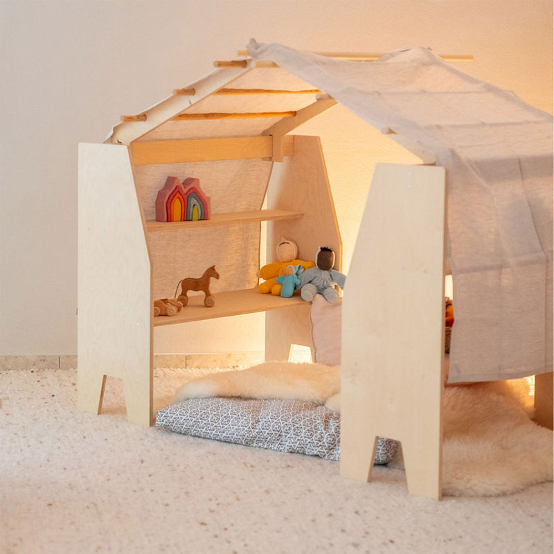 Wooden Shizu Play Stand with Roof & Linen