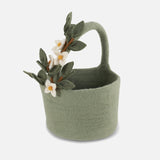 Handmade Felted Wool Basket with Flower Garland - Dusty Green