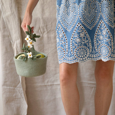 Handmade Felted Wool Basket with Flower Garland - Dusty Green