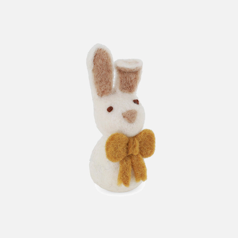 Handmade Felted Wool Bunny with Bow Decoration - White