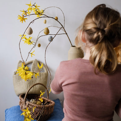 Handmade Felted Wool Easter Bunny Basket - Dusty Green